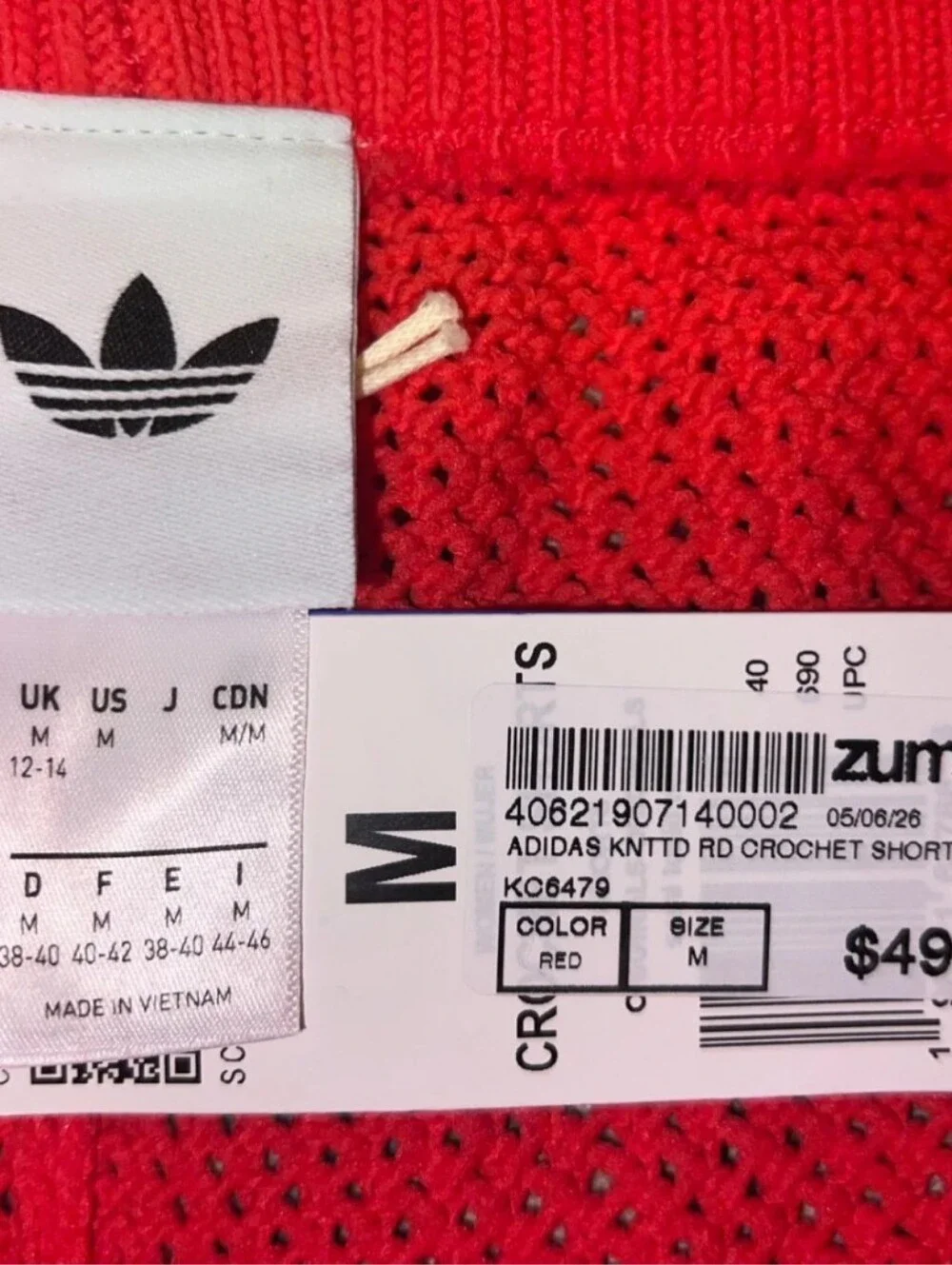 Red Crochet Adidas shorts with white stripes on the sides M New with Tags